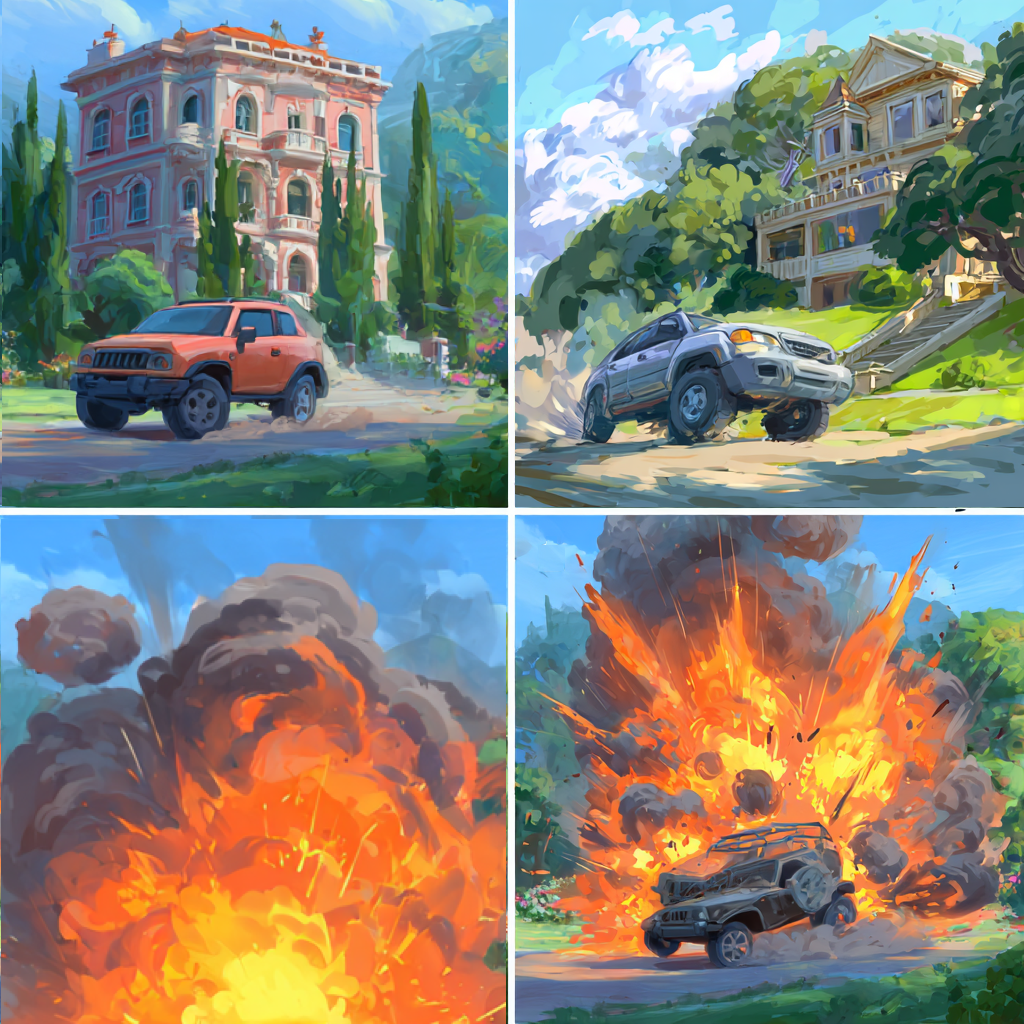 Neighbors - Four Panel Comic Depicting Two SUV's and a Fiery Explosion